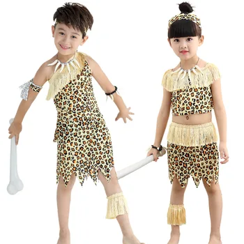 децата дивак пещерен човек костюми момче леопард флинстоун Африкански племенни Ловец Индийски дрехи за момичета