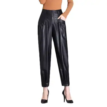 Нова Реколта Панталони От Изкуствена Кожа, Дамски 2020, Модни Зреещи С Висока Талия, Черни Панталони С Джобове, Ежедневни Дамски Панталони Mujer P320