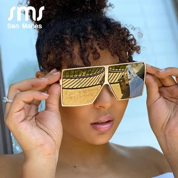 Извънгабаритни Квадратни Слънчеви Очила Дамски 2020 Модни Vintage Слънчеви Очила В Метални Рамки Мъжки Огледални Сини Златни Слънчеви Очила с UV400 Oculos