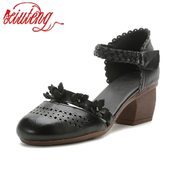 Xiuteng/Женски модела обувки; Новост 2022 г.; Модни Модельная обувки от естествена кожа, Леко Сладък дамски обувки на среден ток с кръгло бомбе