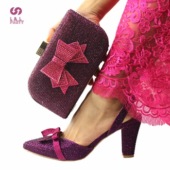 Италиански обувки и чанта на Новия дизайн на Sweet Style в тон лилаво, лодка-лодка с искрящи кристали за Сватба