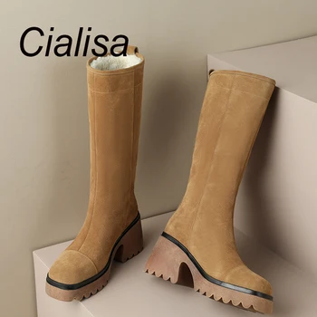 Cialisa/дамски ботуши до коляното, ново прием на 2022 година, зимни топли кожени модни дамски Ботуши изработени ръчно на дебелите обувки с цвят каки