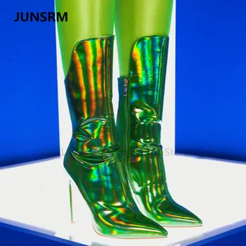 2022 г. Обувки от огледално кожа с метален Блясък, ботуши на висок ток от телешка кожа, неоново зелени Ботуши на висок ток с остър пръсти, дамски официални обувки за Сватба