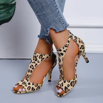 2022 нови летни модни обувки на висок ток под формата на рибки, пикантни дамски сандали на висок ток размера на плюс с леопардовым принтом, чанта със затворени пръсти, сандали на висок ток