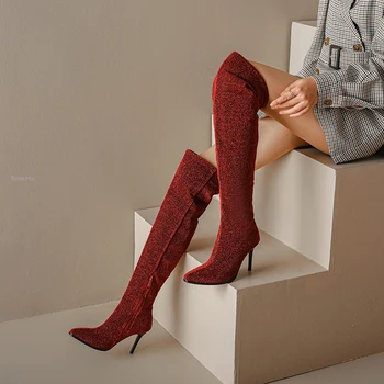 ENMAYER/дамски ботуши над коляното, есенно-зимни четырехсезонные пикантни вечерни обувки за нощен клуб с остри пръсти на Тънък Висок ток