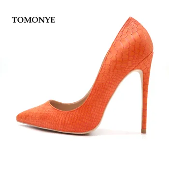 Марка дизайнерски обувки, лидер на продажбите, ярко-оранжева matte дамски обувки с остър чучур във формата на змии и питон, дамски обувки за нощен клуб, вечерни обувки на висок ток 12 cm