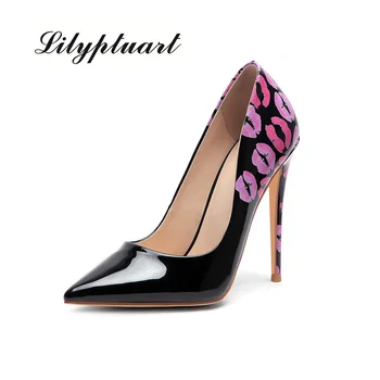 Дамски обувки 2020 г., Пикантни женски фини обувки на много висок ток с остър пръсти и Принтом под формата на Устни, Големи Размери 44, Черни дамски Фини Обувки на токчета