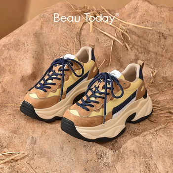 BeauToday/ Ежедневни Дамски Обувки От естествен Велур На Платформа с Кръгло Бомбе, Разноцветни Дамски Маратонки Дантела с Ръчно изработени B29430