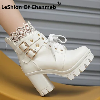 LeShion Of Chanmeb/ Дамски ботуши в готически стил на високо масивна обувки с кръгло бомбе на Дебелото платформа, с дантелен завършек в стил пънк, с Двойна катарама, готик обувки, дамски