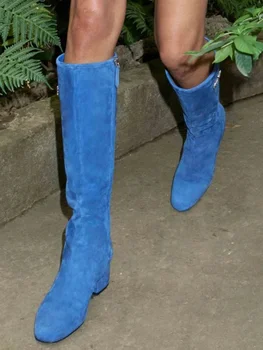Велурени Сини обувки на блок ток До коляното На Висок ток 2022 Модно Подиумное Рокля Дамски Обувки джоб с Кръгла петите Зимни Обувки