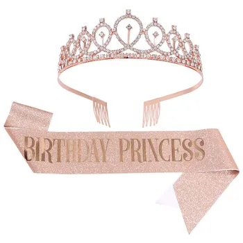 Короната за парти в чест на рождения Ден на Жените Колан от Розово Злато с Пайети, Crystal Crown, Колан Принцеса Рожден Ден за Момичета, Диадема Кралица, Аксесоари