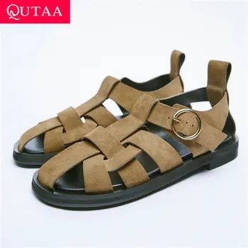 QUTAA Ins ZA/Дамски Сандали на равна подметка от естествена кожа, Ежедневни Летни Обувки с кръгло бомбе, дамски Сандали в Римски стил 34-43