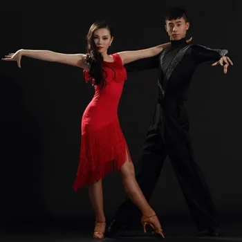 2022 Дамски Рокли за латиноамерикански танци/Изпълнения, Черна и Червена Дамски Дрехи с Пискюли За ча-ча/Зала/Самба/Поли за латино танци