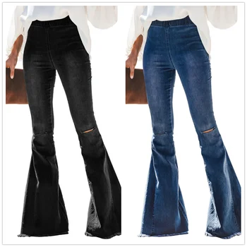 Новите черно-сини Дънкови Разкроена Панталони с висока Талия, Скъсани Дънки с еластична гумена лента на талията, Модерни Ежедневни Панталони S-2XL, Директна доставка