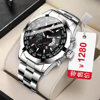 WOKAI висококачествени мъжки бизнес стомана часовник с Голям циферблат, Кварцов часовник с Календар, мултифункционални водоустойчиви часовници в ретро стил, светещи
