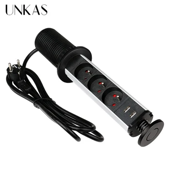 UNKAS 16A PULL POP UP 3 Power Френска Изход Black Dual USB Порт Кухненската Маса Настолни Контакти Прибиращи Плотове