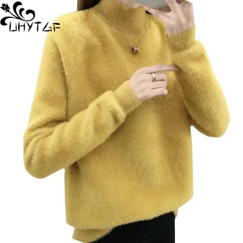 UHYTGF Норковый вълнен есенно-зимния пуловер женски пуловер вязаный кратък дамски пуловер еластичността на Свободни топлите пуловери, палта 622