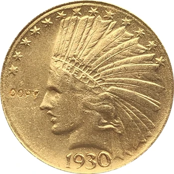 24-Каратная златна монета от 1930-Те години на цена от 10 долара под формата на индийски монети с половин Орел Копие