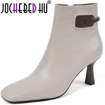 【JOCHEBED HU】Зимни обувки; дамски маркови ботильоны от естествена кожа; дамски обувки с квадратни пръсти в метален стил на много висок ток, 33-40